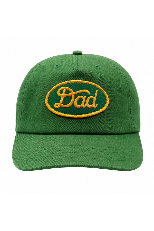 Homegrown Dad Hat (Tractor Green) featuring embroidered 'Dad' design on a low-profile flat-brim cap.