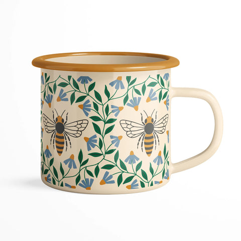 Honey Bee Enamel Mug 16oz with floral bee design, camp-style enamelware, lightweight and durable, perfect for kitchens and RVs.