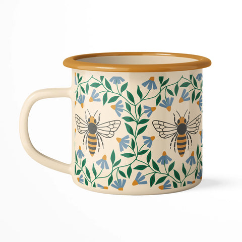 Honey Bee Enamel Mug 16oz with floral bee design, camp-style vintage enamelware, durable and fire-safe for kitchen or camping use.