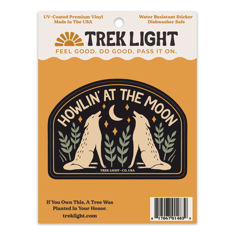 Howlin' At The Moon sticker with UV protection, waterproof vinyl, dishwasher safe, USA-made, high-quality outdoor use. By Trek Light.