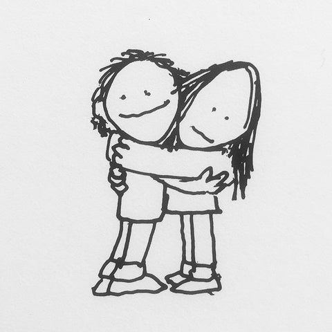 Simple black and white drawing of two smiling figures hugging each other affectionately, symbolizing care and friendship.