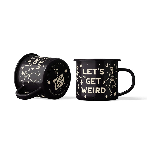 Let's Get Weird Mug - Enamel 16oz Mug featuring a fun skeleton design and a vintage look, perfect for cozy mornings.