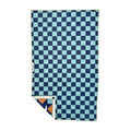 Blue checkered kitchen dish towel with double-sided design and hanging loop, made from 100% recycled materials and super absorbent fabric.