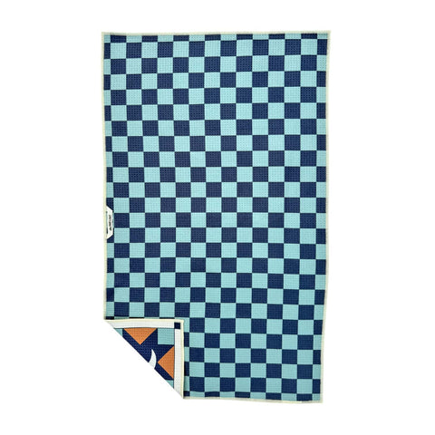 Blue checkered kitchen dish towel with double-sided design and hanging loop, made from 100% recycled materials and super absorbent fabric.