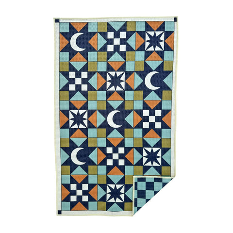 Colorful geometric patterned kitchen dish towel with stars and moons, made from recycled materials, featuring quick-dry and lint-free fabric.