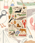 Maine Kitchen & Tea Towel with Maine icons like a moose, lobster, puffin, lighthouse and loon on cream