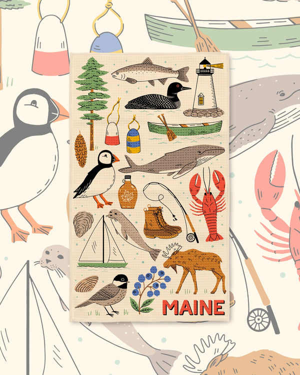 Maine Kitchen & Tea Towel with Maine icons like a moose, lobster, puffin, lighthouse and loon on cream
