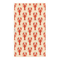 Maine tea towel with repeating red lobster pattern design, 100% recycled material, double-sided print