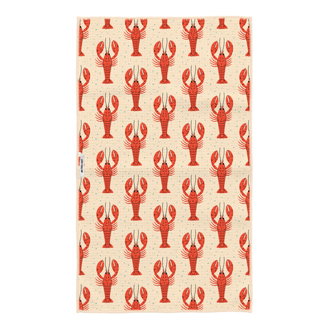 Maine tea towel with repeating red lobster pattern design, 100% recycled material, double-sided print