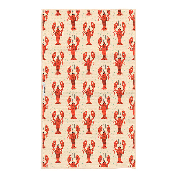 Maine tea towel with repeating red lobster pattern design, 100% recycled material, double-sided print