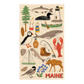 Maine kitchen towel with illustrated coastal icons including lobster, loon bird, lighthouse, sailboat, fish, and evergreen tree on cream background