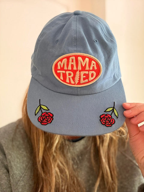Mama Tried Hat featuring embroidered roses and adjustable fit for all-day comfort.