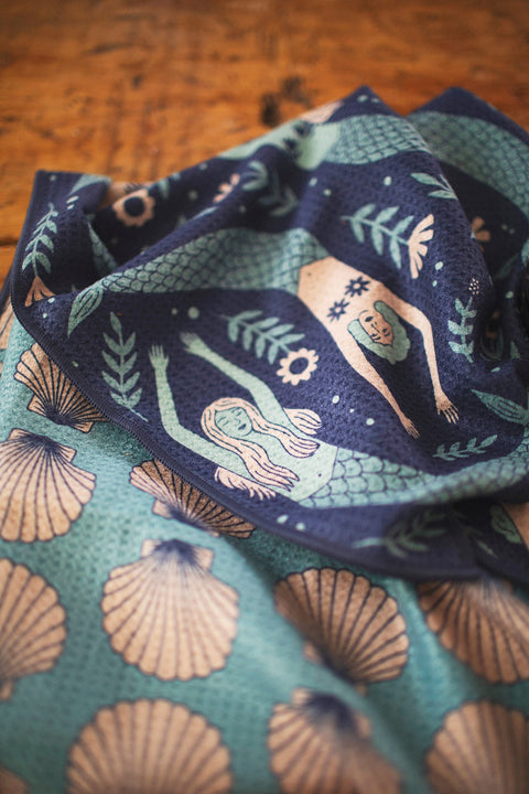 Mermaids Kitchen & Tea Towel with vibrant designs, eco-friendly recycled materials, and super absorbent Grip-Tex™ fabric.