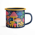 Midnight Mushroom Enamel Mug 16oz with colorful mushroom design, perfect for kitchens and campfires. Vintage style, durable and dishwasher safe.