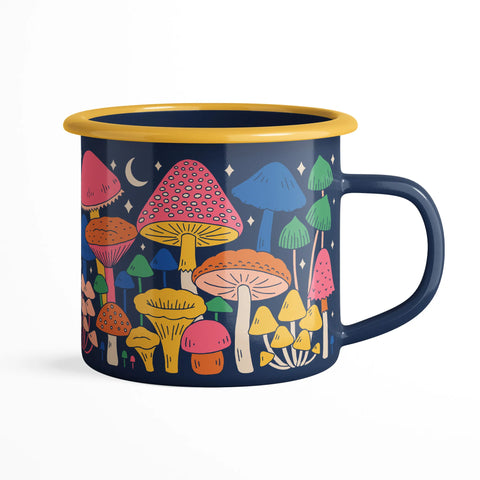 Midnight Mushroom Enamel Mug 16oz with colorful mushroom design, perfect for kitchens and campfires. Vintage style, durable and dishwasher safe.