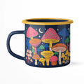 Midnight Mushroom Enamel Mug 16oz with colorful mushroom design, perfect for kitchens and camping, 16oz durable and dishwasher safe