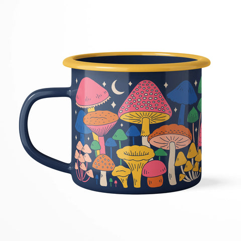 Midnight Mushroom Enamel Mug 16oz with colorful mushroom design, perfect for kitchens and camping, 16oz durable and dishwasher safe