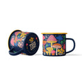 Midnight Mushroom Enamel Mug 16oz, featuring vibrant mushroom design, perfect for camping and cozy mornings. Dishwasher and fire-safe.
