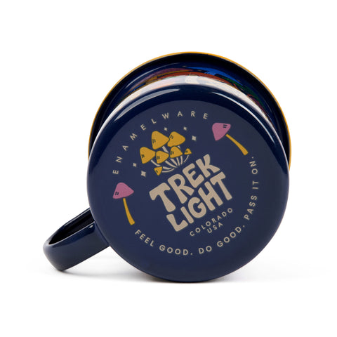 Midnight Mushroom 16oz enamel mug by Trek Light - dark blue with mushroom graphic, perfect for adventures.