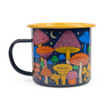 Midnight Mushroom Enamel Mug 16oz by Trek Light with colorful magical mushroom design on a durable enamel cup.