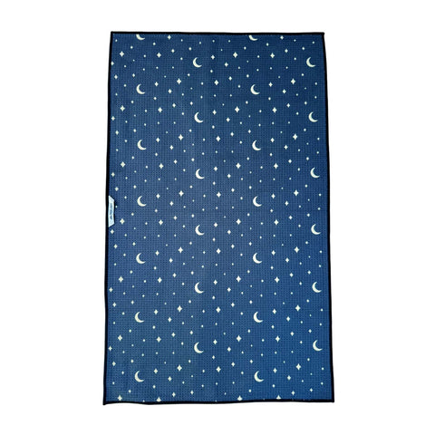 Blue Midnight Mushroom kitchen dish tea towel with moon and star pattern, made from recycled materials, featuring a hanging loop.