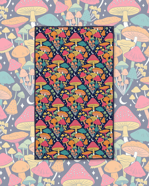 Midnight Mushroom Kitchen & Tea Towel with pink, orange and teal mushrooms on a dark navy background