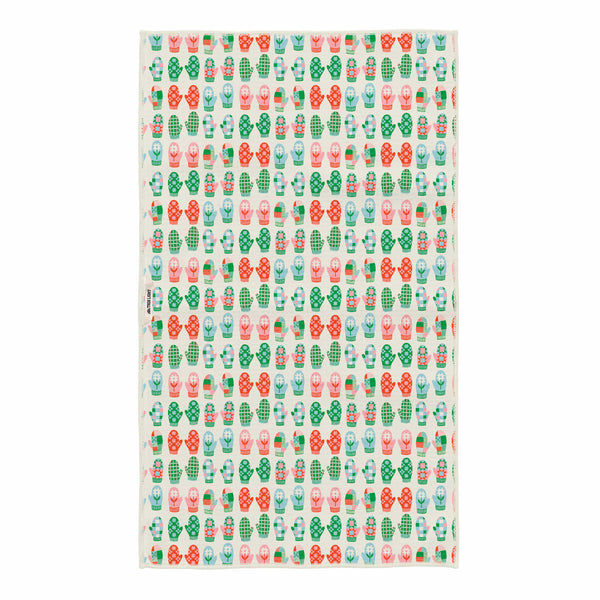 Colorful patterned Mittens Kitchen & Tea Towel made of 100% recycled materials, featuring a double-sided design with a hanging loop.