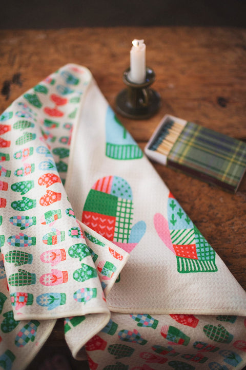 Colorful Mittens Kitchen & Tea Towel with vibrant patterns, made from 100% recycled materials, eco-friendly and quick-drying.