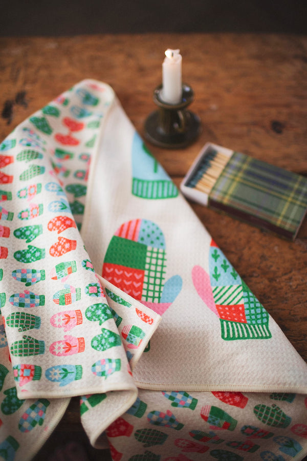 Colorful Mittens Kitchen & Tea Towel with vibrant patterns, made from 100% recycled materials, eco-friendly and quick-drying.