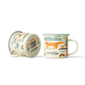Mountain Stream Enamel Mug 16oz with camp-style design featuring nature illustrations, perfect for coffee by the fire or at home.