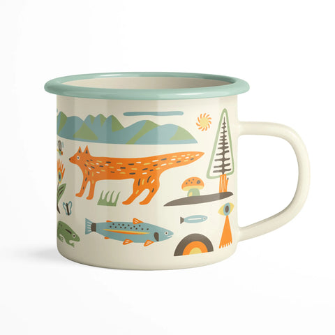 Mountain Stream Enamel Mug 16oz with camp-style design, perfect for cozy mornings and outdoor adventures.