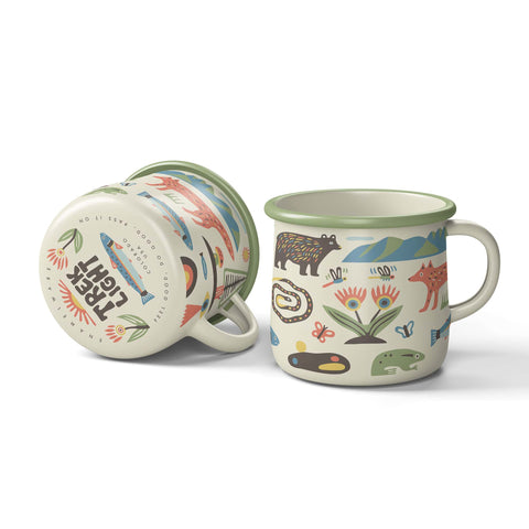 Mountain Stream Enamel Mug 16oz with vintage design, durable enamelware for coffee, perfect for outdoor and indoor use.