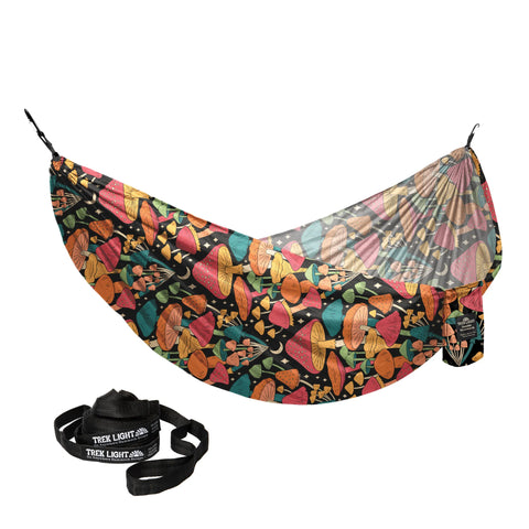 Double Hammock & Pro Hanging Straps (Midnight Mushroom Print) with colorful design and included tree-friendly straps