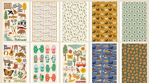 Assorted colorful patterned sheets featuring nature, wildlife, and regional motifs from Texas and Colorado on display.