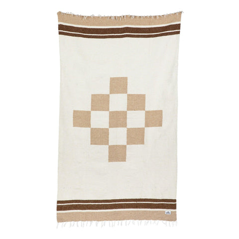 Trek Light handwoven blanket with geometric design, part of the Blanket + Leather Carrier Bundle, made from recycled materials.