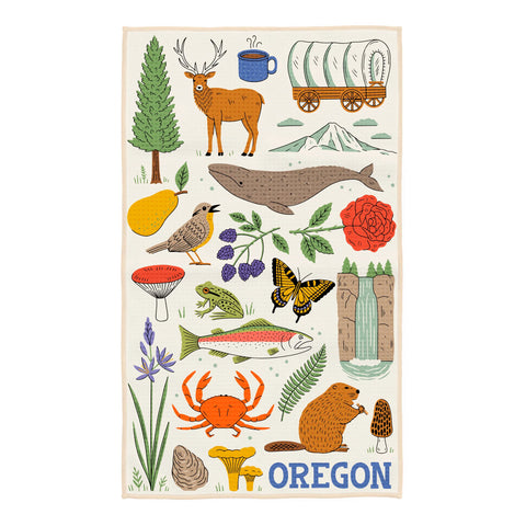 Oregon Kitchen & Tea Towel featuring Oregon-themed illustrations including wildlife and nature, made from recycled materials with Grip-Tex™ fabric.
