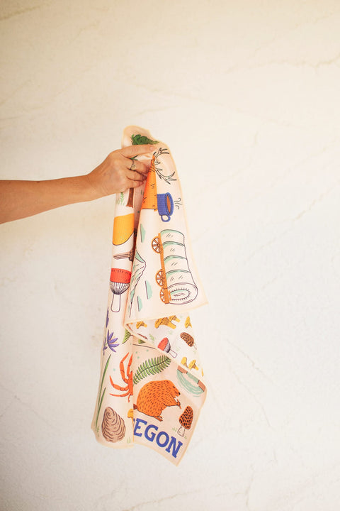 Oregon Kitchen & Tea Towel featuring vibrant illustrations, eco-friendly and super absorbent for versatile kitchen use.
