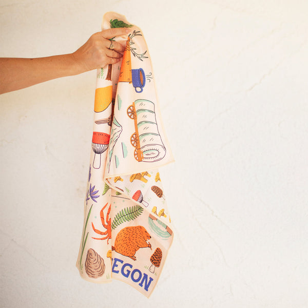 Oregon Kitchen & Tea Towel featuring vibrant illustrations, eco-friendly and super absorbent for versatile kitchen use.