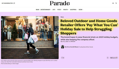 Parade newspaper website with a headline about Trek Light's Pay What You Can holiday sale.