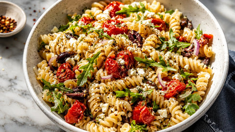 Delicious pasta salad with arugula, sun-dried tomatoes, olives, and feta cheese in a bowl.