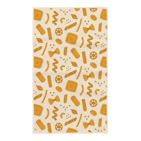 Pasta Time kitchen tea towel with orange illustrated pasta shapes including farfalle, rigatoni, and wheels on cream