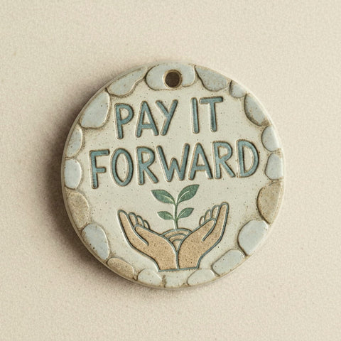 Pay It Forward ceramic medallion with plant motif symbolizing kindness and community support.