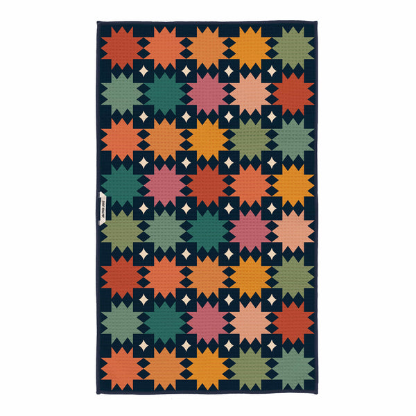 Colorful Moon Phase Kitchen & Tea Towel with geometric pattern, eco-friendly, super absorbent fabric, double-sided, and hanging loop.