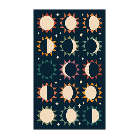 Moon Phase Kitchen & Tea Towel with colorful sun and moon design, 100% recycled, absorbent, quick-drying, eco-friendly with hanging loop