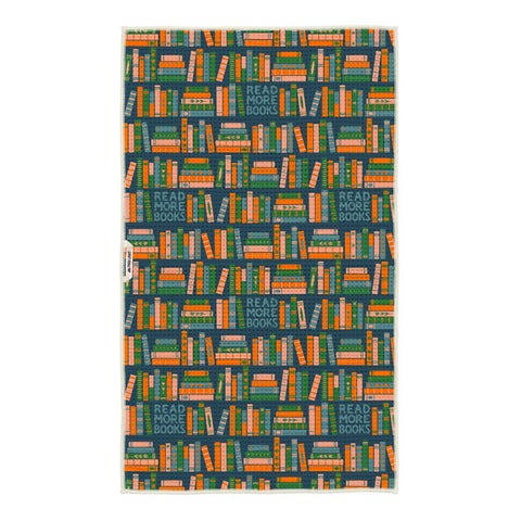 Colorful Read More Books Kitchen Tea Towel with book pattern.