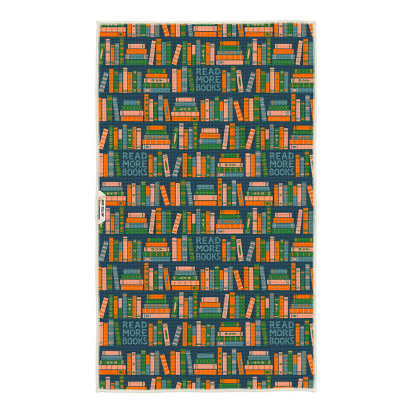 Colorful Read More Books Kitchen Tea Towel with book pattern.