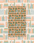 Read More Books Kitchen & Tea Towel with stacked books and the words Read More Books in orange, green and cream