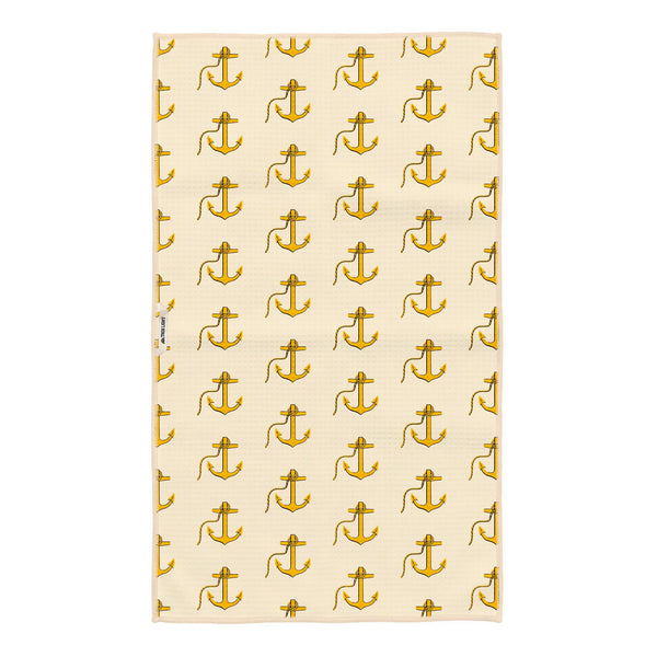 Rhode Island Kitchen & Tea Towel featuring a yellow anchor pattern, eco-friendly and super absorbent for efficient cleaning and drying.