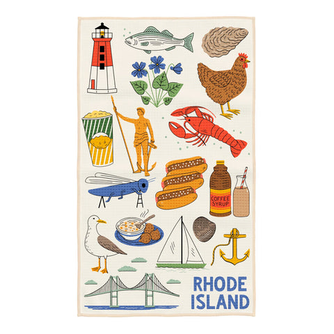Rhode Island Kitchen & Tea Towel featuring iconic state illustrations; eco-friendly, absorbent, double-sided, quick-drying design