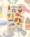 Rhode Island Kitchen & Tea Towel with Rhode Island icons like a lighthouse, lobster, hot dogs and sailboat on cream